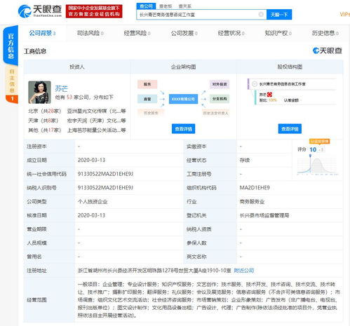蘇芒成立全資商務信息咨詢工作室，布局個人商業藍圖